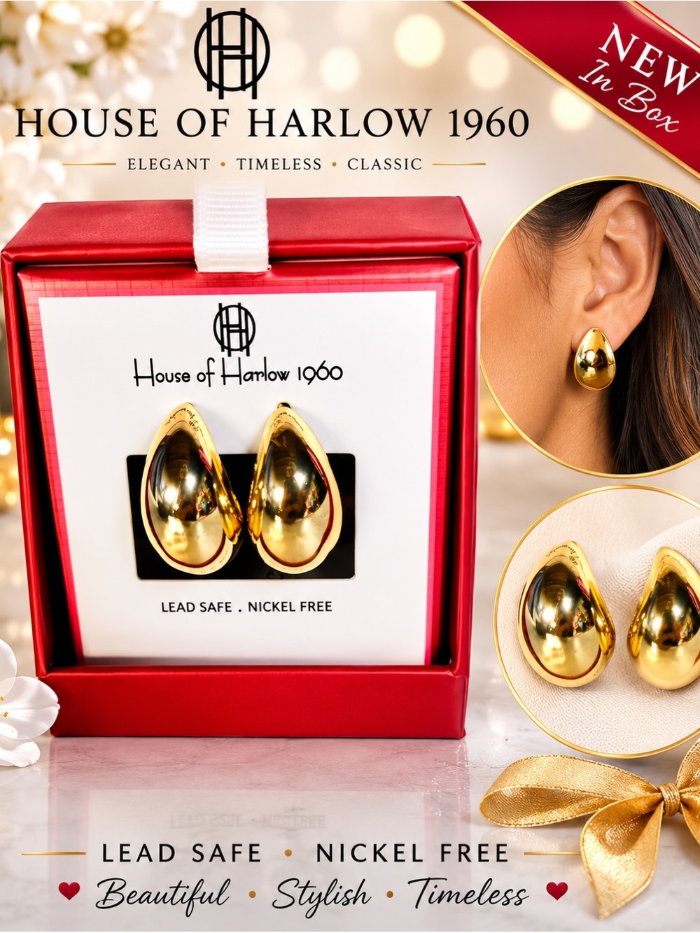 House of Harlow 1960 Gold Sculptural Curved Earrings - NIB